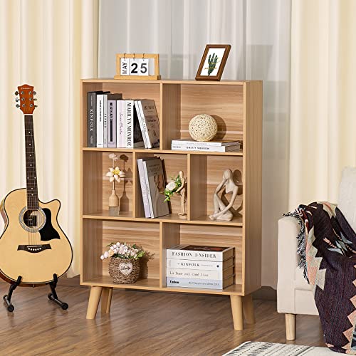 Leyaoyao Wooden 7 Cube Book Shelf, Natural 3 Tier Bookshelf With Legs, Modern Open Storage Organizer,Boho Bookcase,Display Cabinet Shelf Free Standing Bookshelves For Bedroom,Living Room,Office #TOP4