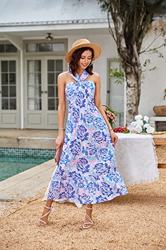 Image of GRACE KARIN Womens Summer Floral Dresses 2026 Boho Maxi Dress Flowy Halter Sundress Casual Vacation Beach Clothes with Pocket