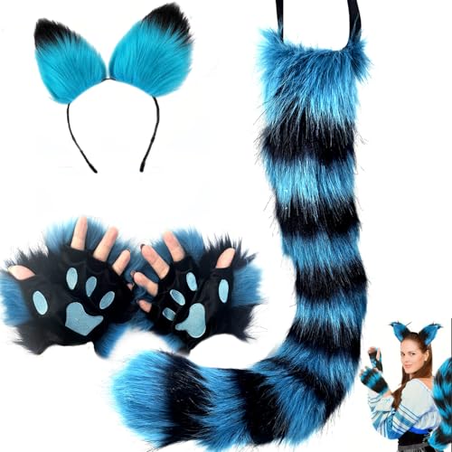 Valpeak Cat Costume Set for Halloween Dress Up Cat Ears and Tail Paws set Cosplay Costumes for Women(Blue set)