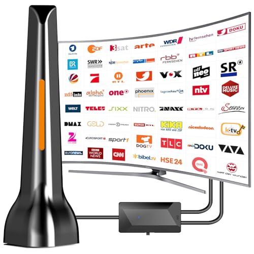 DVBT/DVBT2 Antenne mit Verstärker innen, Digitale Zimmerantenne für Fernseher-Kanälen ausgestattet, einen starken Magnetfuß und bietet einen 360° Empfang,Unterstützt 4K/1080P-Alle TV-Geräte UHF/VHF
