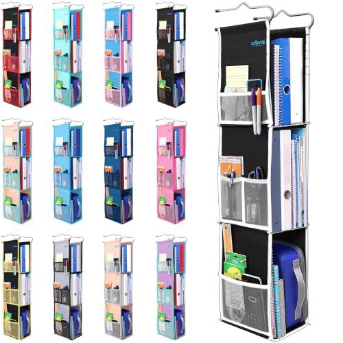 ABRA® 3 Shelf Hanging Locker Organizer for School, Work, Gym | Deep Shelves 6.5”x 9”| Eco-Friendly Fabric Healthy for Children | Adjustable School Locker Shelf from 3 to 2 Shelves (Black/White)