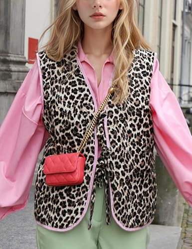 Yimoon Women's Leopard Print Tie Front Vest Top Lightweight Quilted Puffer Vest Y2k Sleeveless Padded Gilet(PinkLeopard-L), Large3