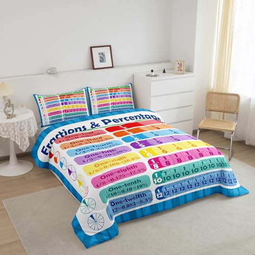 Image of Math Comforter King Size for Boys Girls, Fraction and Percentage Comforter Set Educational Learning Bedding Set Learning Time Duvet Set Durable Bed Set 3Pcs