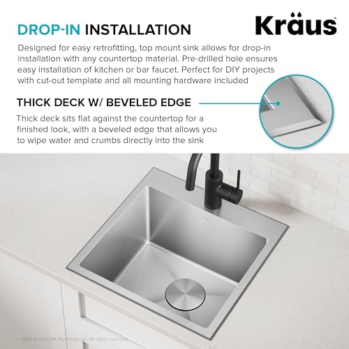 KRAUS 18 x 18 inch Standart PRO™ Drop-In Top Mount 16 Gauge Single Bowl 1-Hole Stainless Steel Kitchen Sink Set (5 Item Bundle: Sink, Bottom Grid, Drain Assembly, Drain Cap, Kitchen Towel), KHT301-18 - image 8