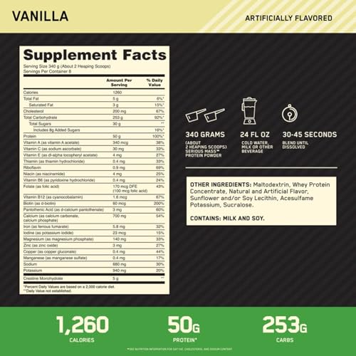 Optimum Nutrition Serious Mass Weight Gainer Protein Powder, Vanilla, 6LB - image 8