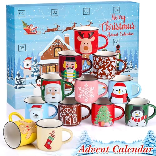 12 Days Advent Calendar Christmas Mini Coffee Mugs Set of 12, Holiday Christmas Ceramic Mugs Gifts for Mom Woman Family Kitchen Coffee Bar Decorations