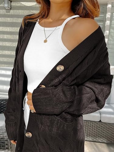 Image of PRETTYGARDEN Long Sleeve Cable Knit Long Cardigan for Women 2026 Spring Winter Chunky Open Front Button Sweaters with Pockets