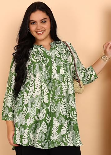 Image of Yash Gallery Women's Wrinkle Free Printed Short Kurti Mandarin Collar with Pintuck Pleats 3 /4th Sleeve
