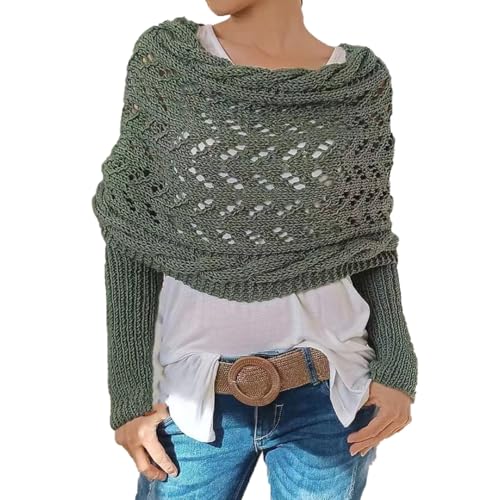 Scarf with Sleeves for Women Knitted Cut-Out Shawl Poncho Wrap, Crochet Sweater Scarf Knit Cable Wrap Shrugs (Grey Green, One Size)