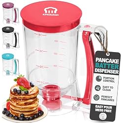 Pancake Batter Dispenser, Squeeze Handle for Pancakes, Waffles & Cupcakes | Griddle Use, Cake, Crepe and Muffin Batter, Measuring Marks, Easy Portion Control, Mess-Free Pouring, 4-Cup Capacity, Red.
