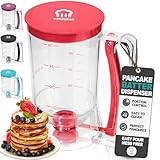Pancake Batter Dispenser - Kitchen Must Have Tool for Perfect Pancakes, Cupcake, Waffle, Muffin Mix, Cake & Crepe - Easy Pour Baking Supplies for Griddle - Pancake Maker with Measuring Label (Red)