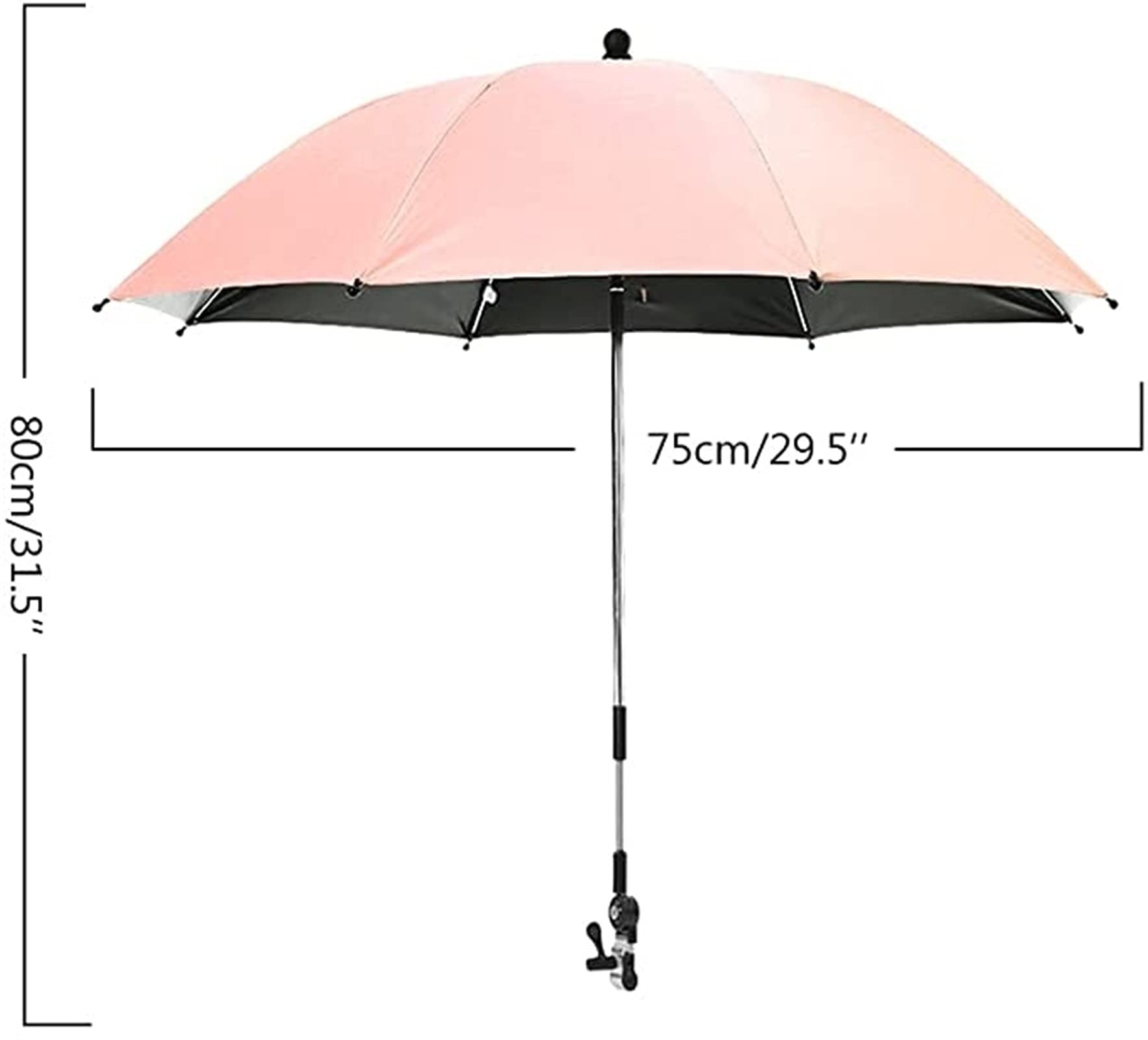 Uniwersalny parasol spacerowy, parasolka anty-UV do wózka, średnica 75/85 cm, mocowanie do rury okrągłej lub owalnej, elastyczny i regulowany, z klipsem do wózka inwalidzkiego (Color : Pink, Size :