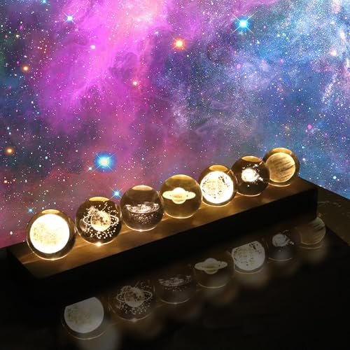 BlyeMichdi Sfera di Cristallo Luce Notturna, 7 Sfere di Guarigione Chakra con Lampada a LED, Sfera di Cristallo del Sistema Solare 3D con Base in Legno, Diametro 4cm, Decorazione per la Casa
