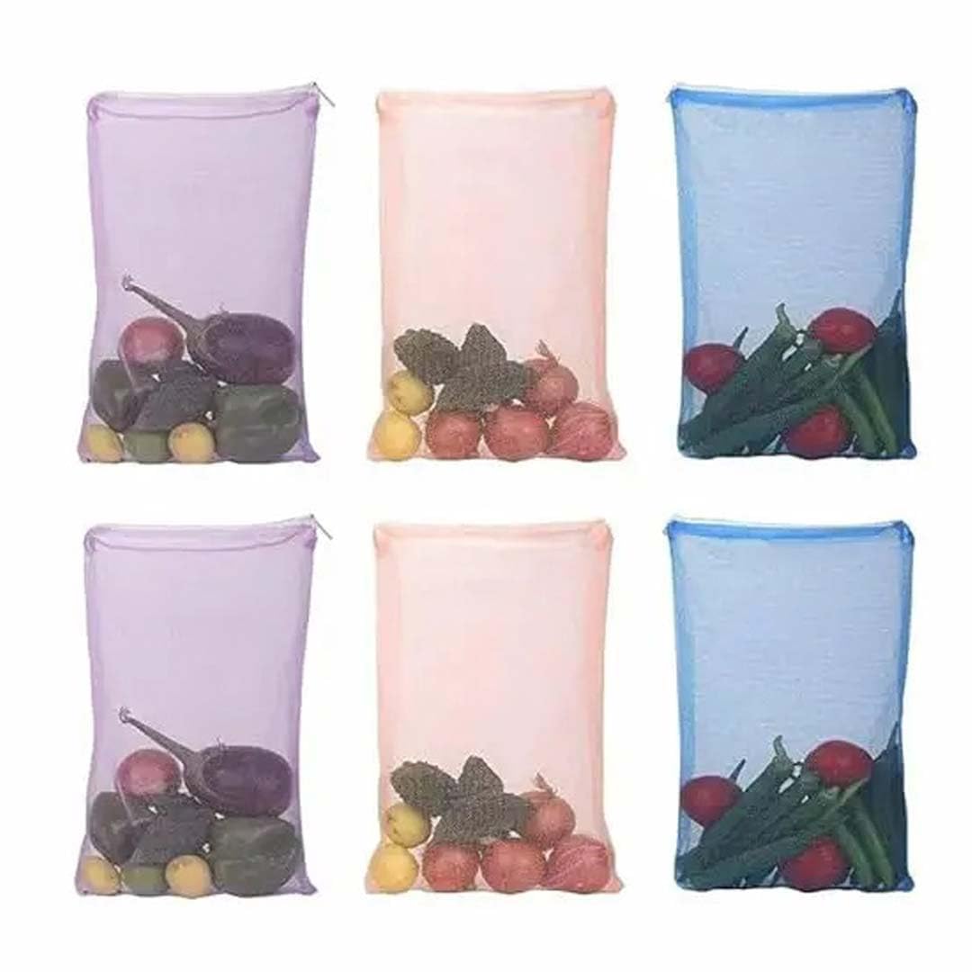 Clazkit Set Of 12 Reusable Fridge Storage Bags For Vegetables and Fruits Dual Layer Mesh Net Multipurpose Multi-Size Kitchen Storage Bags Organizer with Sturdy Zipper