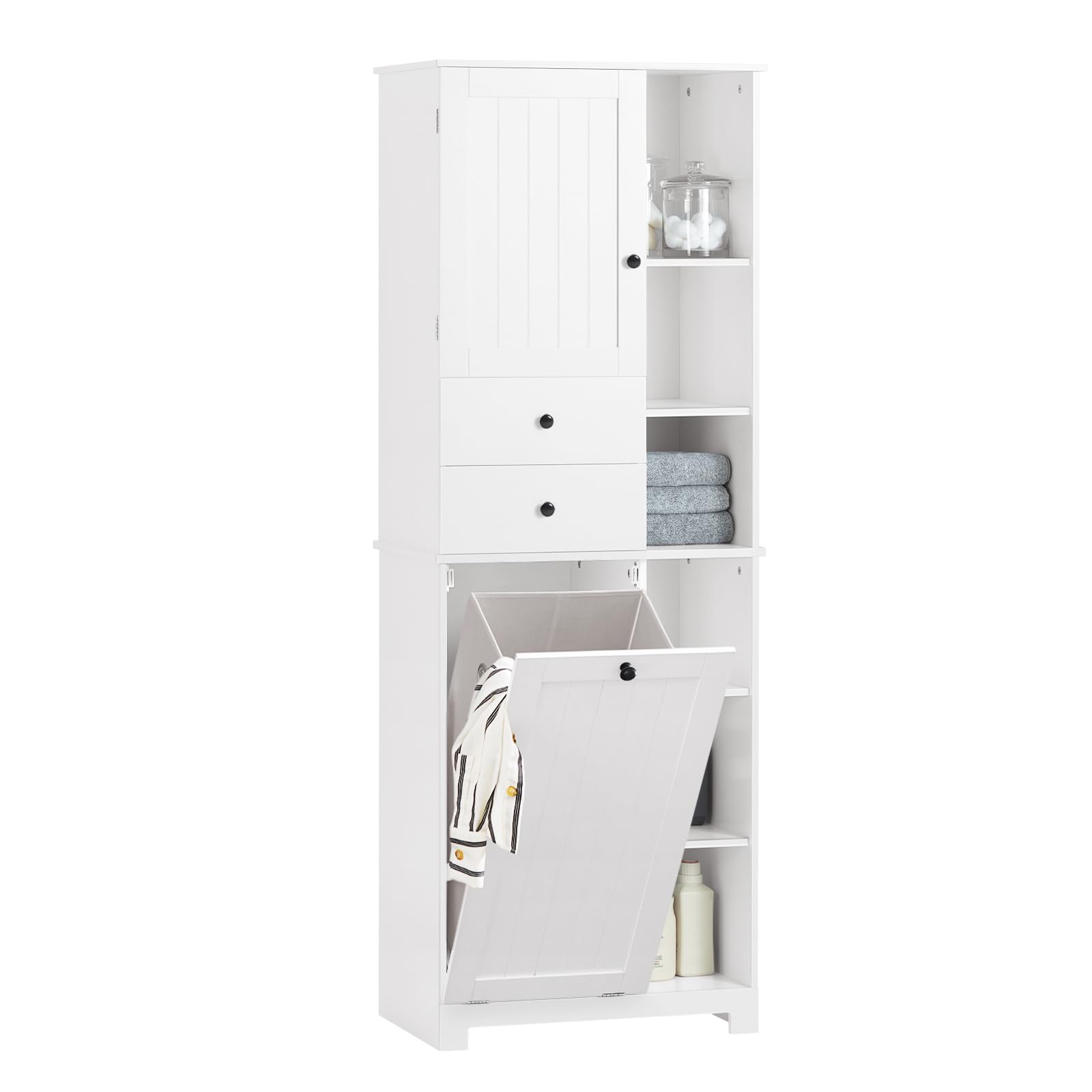 SoBuy Bathroom Tall Laundry Cabinet Freestanding Storage Unit with Removable Basket Large Cupboard with Tilt-Out Hamper, White BZR104-W