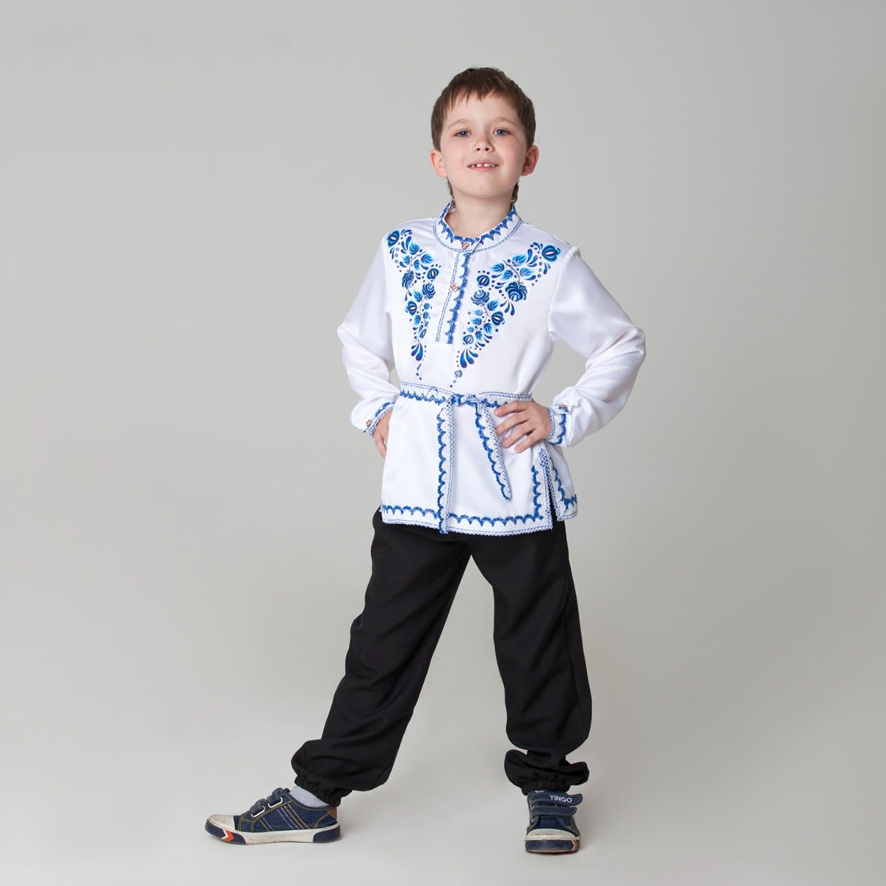 Title: Traditional Russian Folk Costume White Satin Shirt Blue Flowers Design Polyester 43-46 Inches Height Carnival Party Outfit Holiday Costume Boys Cultural Attire