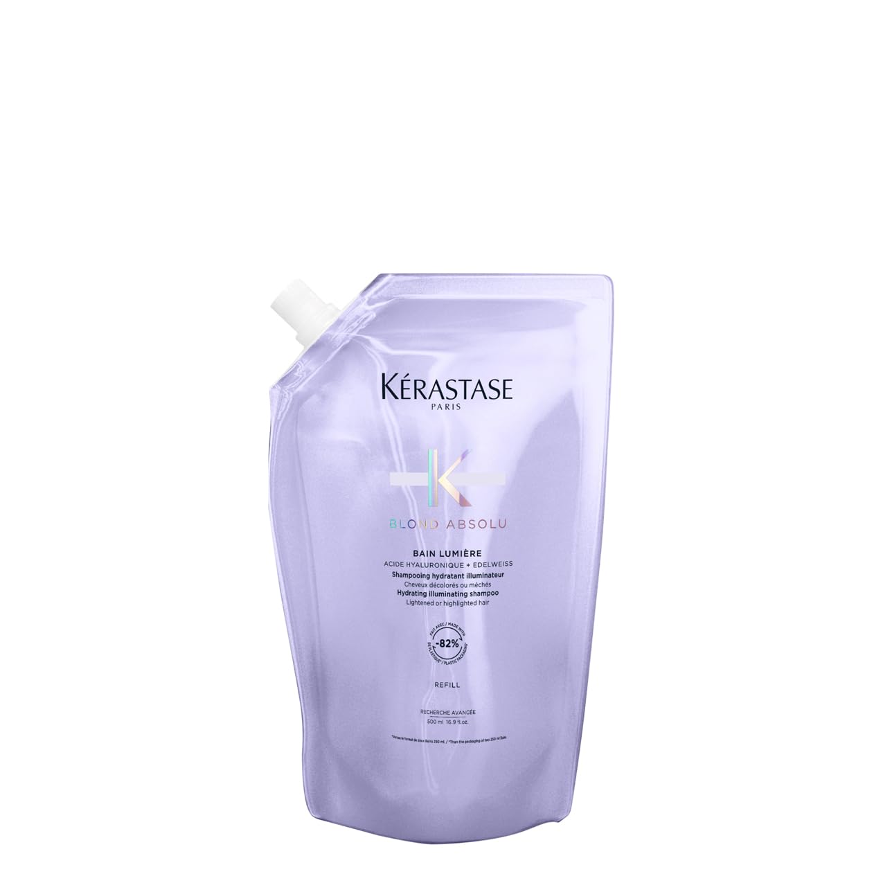 Krastase Blond Absolu, Hydrating Illuminating Shampoo, For Lightened, Highlighted and Grey Hair, With Hyaluronic Acid & Edelweiss Flower, Bain Lumiere, Refill Pouch 500ml