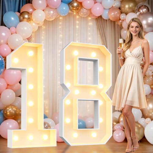 Image of Pooqla 4FT Marquee Numbers, Large Light Up Number 18th Birthday Party Decor | Warm White LED Marquee Light Up Numbers 4 Feet Tall, Party Decorations for 18th 81st Birthday Anniversary Photo Backdrop