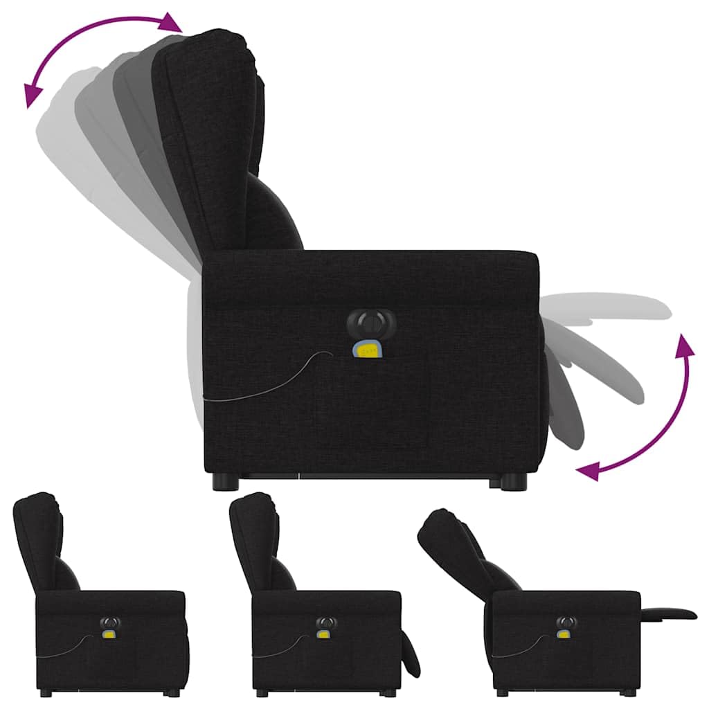 Sillón elevador eléctrico eléctrico negro de tela con 6 puntos de masaje, función de reclinación eléctrica y elevación asistida para un asiento cómodo y relajante,