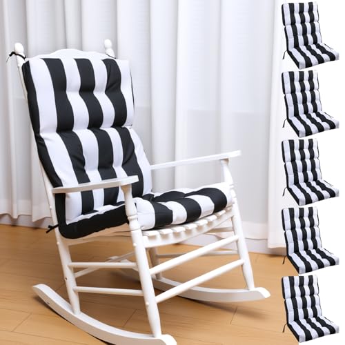 Chitidr 6 Pcs Patio High Back Chair Cushions, 44'' x 21'' x 3'' Outdoor High Chair Cushion Thicken Replaceable Rocking Seat Pads with Ties for Patio Garden Porch (Black Stripes)