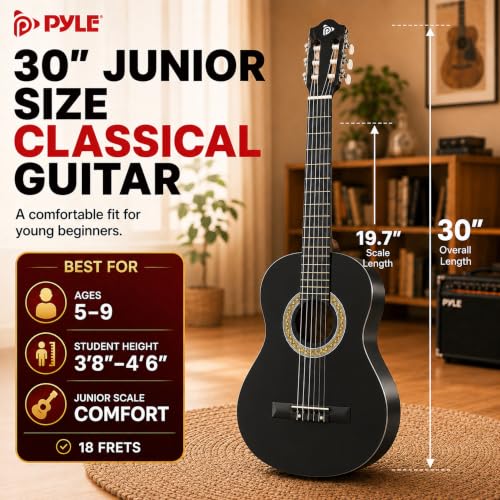 Image of Pyle 30-Inch Beginner Acoustic Guitar Kit, 1 /4 Size Junior Classical Nylon String Guitar for Kids and Adults, Includes Gig Bag, Strap, Spare Strings, Picks, Cleaning Cloth, 18 Frets, Black, Matte