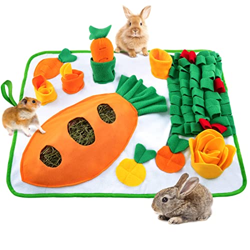 Image of 20 inch x 24 inch Rabbit Foraging Mat with Carrot Toy- Polar Fleece Pet Snuffle Pad with Fixing Handle- Funny Interactive Nosework Feeding Mat- Rabbit Hay Feeder Mat for Rabbits Bunny Guinea Pigs Ferrets