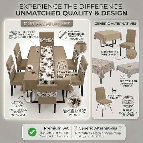 Image of Styleys Dining Chair Cover with Table Covers for Kitchen Waterproof Dining Table Cloth (1 Table Cover + 6 Chair Cover, Light Brown Flower, K723)