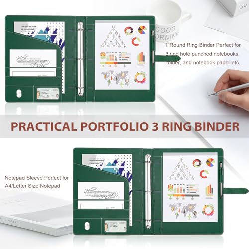Toplive Padfolio 3 Ring Binder Organizer Business Portfolio Folder for Women, A4/ Letter Size PU Leather Portfolio Padfolio for Interview Conference Presentation, Dark Green - Thumbnail 6
