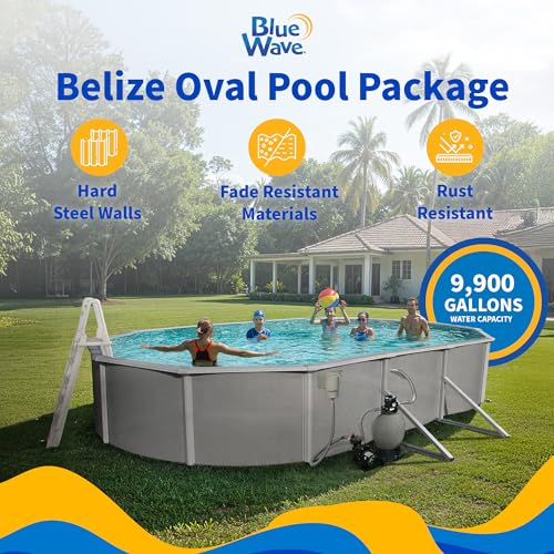 Image of Blue Wave Belize 15-ft x 30-ft Oval 52-in Deep Above Ground Swimming Pool for Outdoor - With Steel Top Rails, Sand Filter, Skimmer, Liner, A-Frame Ladder & Maintenance Kit - Complete Pool Accessories