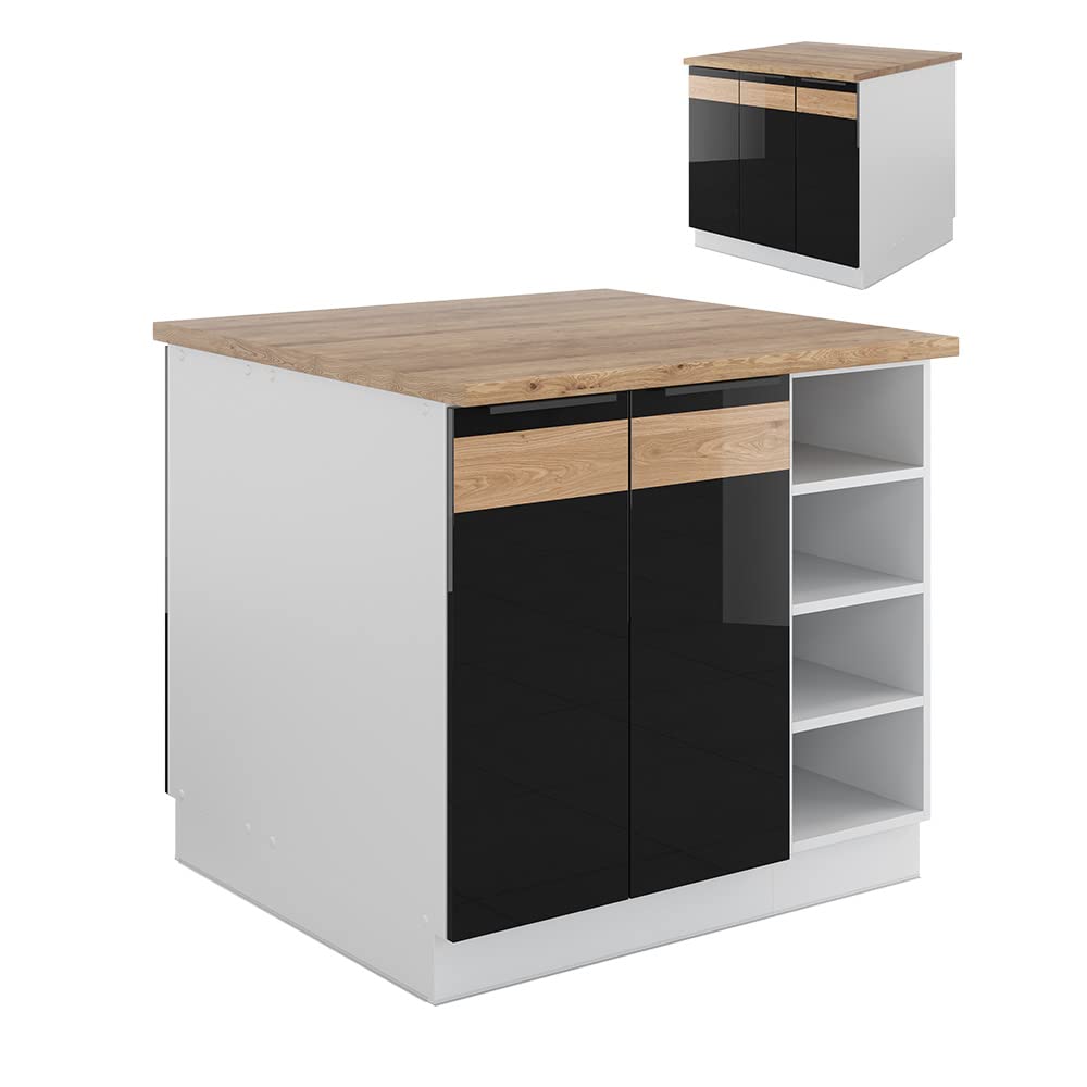 Vicco Isla de Cocina Fame-Line, Roble Negro Alto Brillo/Blanco, 90 cm Sin encimera