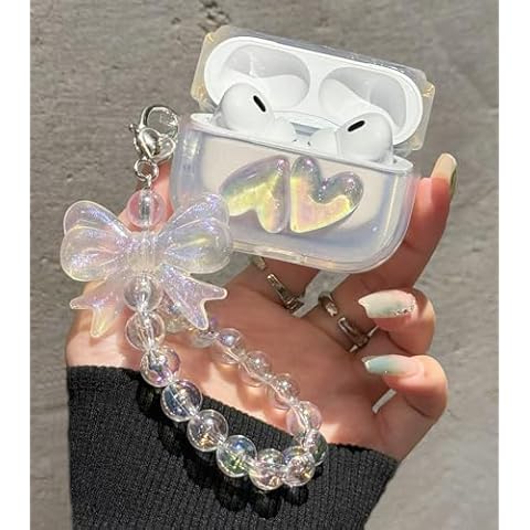 JANDM Compatible for AirPods Pro 2nd Case Shockproof Soft Clear TPU Cute 3D Colour Love Heart Design Cover with Bling Bow Beads Keychain Wristlet for Airpods Pro 2nd Generation Cover
