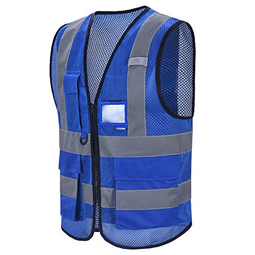 Image of High Visibility Mesh Vest with Multi-Color, Zipper, Blue, 6XL-8XL | Blue 6XL-8XL mesh vest with clear ID holder, mic tabs and reflective strips for equipment maintenance; for men and women.
