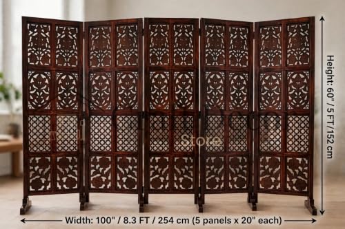 Image of Wooden Room Partition Screen Divider with Stand for Living Room and Bedroom (Brown) | Folding Sheesham Wood Room Separator Wall for Office and Salon