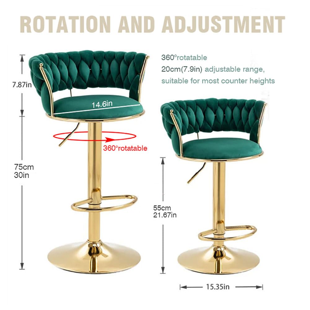 Lot de 2 tabourets de bar pivotants réglables en velours avec dossier – Lot de 2 chaises de bar modernes pour îlot de cuisine de 54,9 à 76,2 cm, assise confortable et élégante