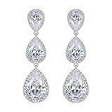 EVER FAITH Bridal Silver-Tone 3 CZ Teardrop Dangle Earrings Clear Austrian Crystals