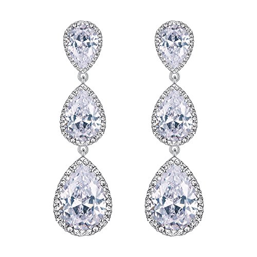 EVER FAITH Women's White Cubic Zirconia Elegant 3 Teardrop Dangle Earrings Wedding Jewelry for Bridal