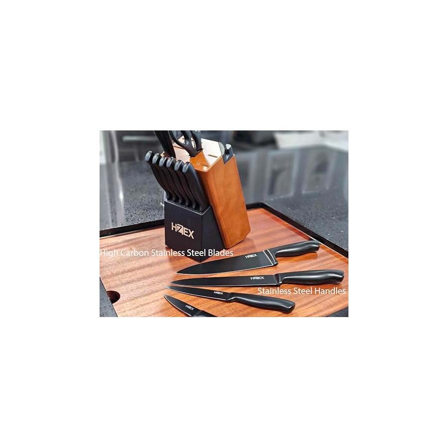 Premium-Kitchen-Knife-Set-13-Piece-Knives-Set-in-Block-Built-in-Sharpener-High-Carbon-Stainless-Steel-Knives-in-Matte-Black-Durable-Chefs-Butcher-Steak-Paring-Utility-Bread-Knifes HZEX Premium Kitchen Knife Set, 13-Piece Knives Set in Block, Built-in Sharpener, High Carbon Stainless Steel Knives in Matte Black, Durable Chef's Butcher Steak Paring Utility Bread Knifes