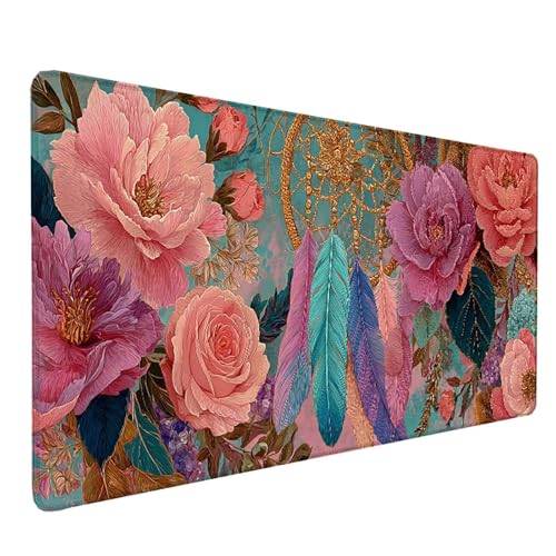 Tapis de souris XXL 90 x 30 cm attrape-rêves rose imperméable avec sous-main