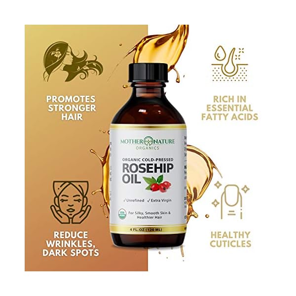 Rosehip-Oil-USDA-Certified-Organic-100-Pure-Cold-Pressed-Unrefined-Carrier-Oil-for-Men-Women-4oz-Natural-Anti-Aging-Moisturizer-for-Face-Hair-Skin-Nails-Non-GMO Rosehip Oil - 100% Pure Organic Certified, Cold Pressed & Unrefined Carrier Oil For Face, Hair & Skin, Great For Fine Lines, Wrinkles & Facial Oil (4 Oz)