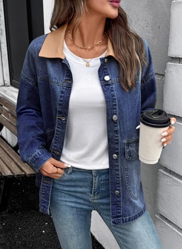 EVALESS Women Oversized Denim Jacket Contrast Trim Barn Jackets Sail Blue S — view 3