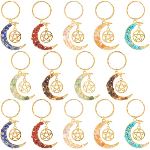 Porte-clés chakra en vrac lune et étoile SUNNYCLUE, lot de 14 pièces en pierres naturelles.