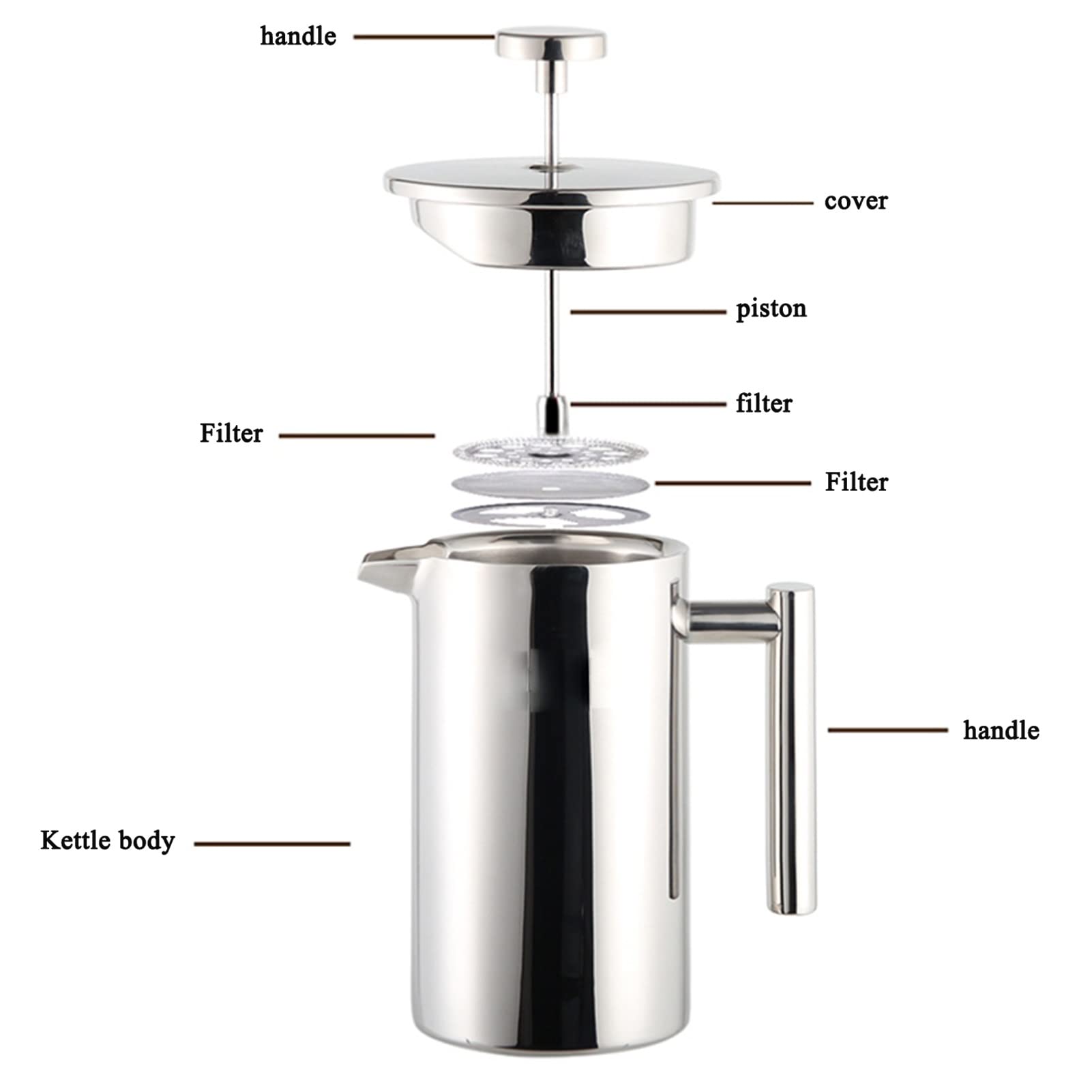 Cafetera Émbolo,Cafetera Francesa De Acero Inoxidable De Grado 304,Aislamiento De Doble Pared Y Pantalla De 3 Filtros,Cafetera De Piston Una Fácil Limpieza,Adecuada Para Camping,Prensa De Café Y Té
