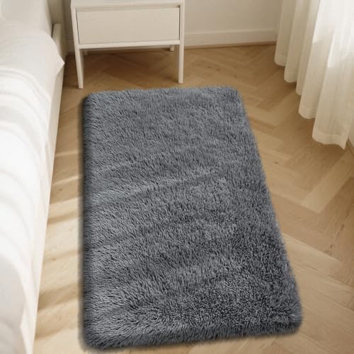 Fluffy Rug Shaggy Area Rug, Dark Grey 3x5 Area Rugs for Bedroom, Small Bedside Rug, Soft Fluffy Shaggy Entryway Throw Rugs for Living Room Bedroom Kids Room Home Decor