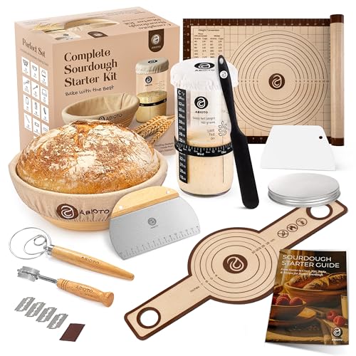 Image of ABIOTO Sourdough Starter Kit with Banneton Bread Proofing Basket, 21 Pieces | Sourdough Tools for Home Bakers - Round Rattan Basket with Liner & Sling, Dough Mat, Jar, Lame, Whisk, Dough & Bowl Scrapers