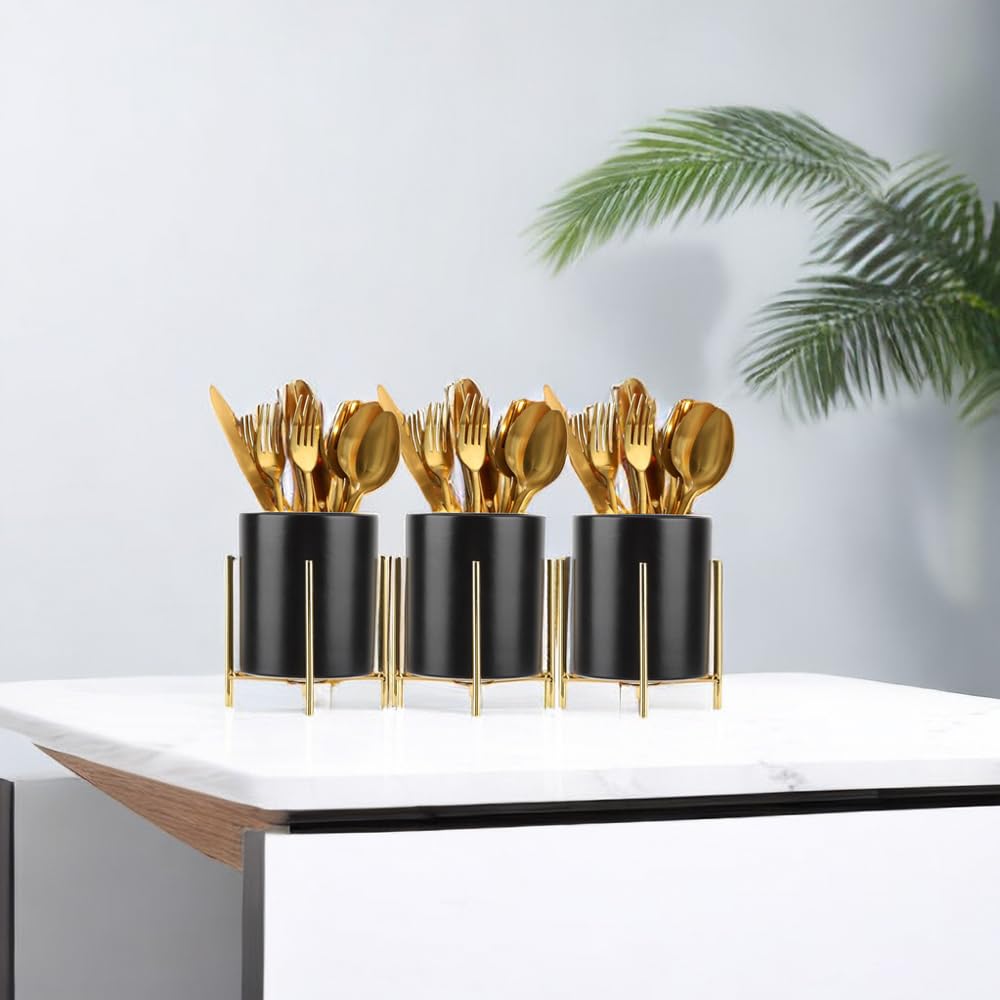 LOUIE SILNA Ceramic Pen Holder with Gold Metal Stand, Modern Round Desk Organizer - Image 4