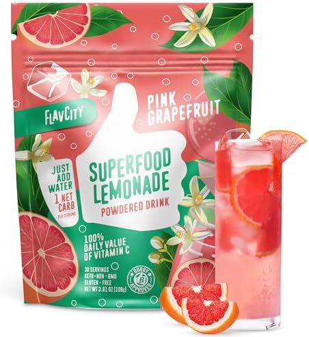 FlavCity Pink Grapefruit Superfood Lemonade Drink Mix - Sugar-Free Lemonade Powder with Real Crystallized Grapefruit & Organic Acerola - 100% DV Vitamin C - Keto, Gluten-Free, Non-GMO (30 Servings)