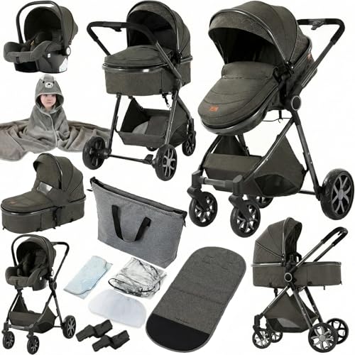 Prokoke Poussette 3 en 1, Poussette avec Réversible Deux Façons de Pousser, Pousette 3 en 1 avec Alliage d'aluminium à Cadre, Poussette Canne avec...