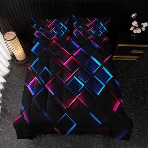 Image of Nttopship Blue Black Geometric Comforter Set Full Size 3D Stereoscopic Square Bedding Set Honeycomb Bedding Set 3 Piece Modern Style Geometry Decor,Microfiber LightweightWith 2 Pillowcases