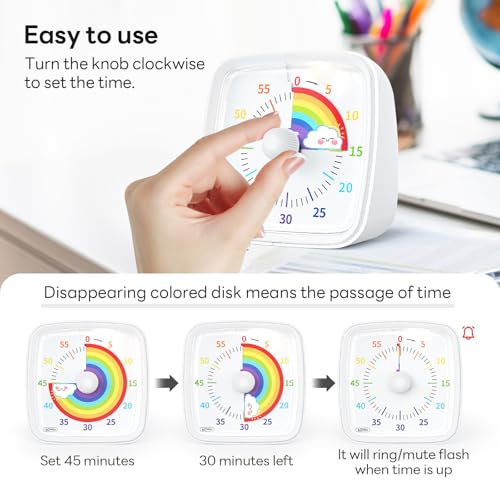 Image of Yunbaoit Visual Timer with Night Light, 60-Minute Rainbow Countdown Timer for Kids and Adults, Time Management Tool for Home, School, Kitchen, or Office (White)