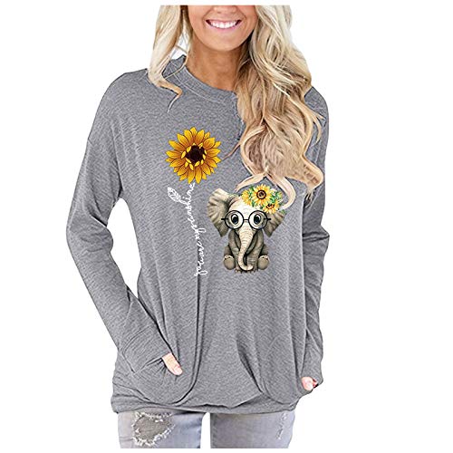 YSLMNOR Pockets Shirt Womens Long Sleeve Crewneck Sweatshirts Graphic Printed Pullover Tops Gray